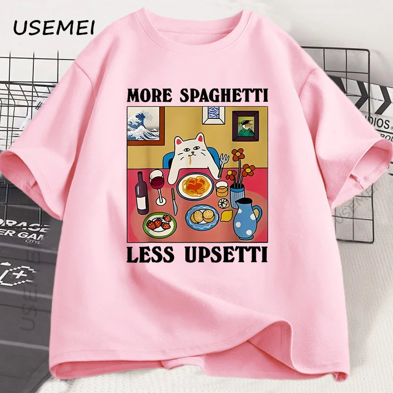 More Spaghetti Less Upsetti Funny Cat T-Shirt Men Women Printed T Shirt Harajuku O Neck Cotton Short Sleeve Tee Shirt Cat Lover