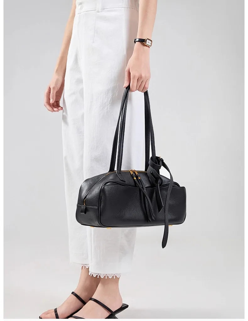 High Version Genuine Leather Pillow Bag for Women 2026 New All-Match Large Capacity First Layer Cowhide Bowling Bag for Women