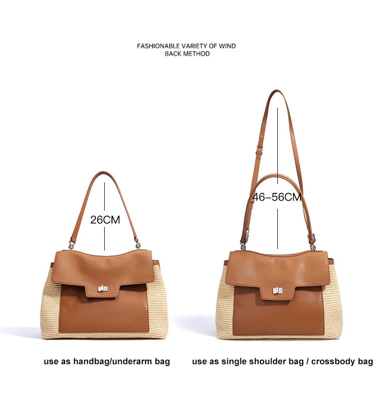 Summer 2026 Women's Raffia Woven Tote Bag Split Leather Crossbody Straw Messenger Bag Grass Weaving Shoulder Bag for Ladies New