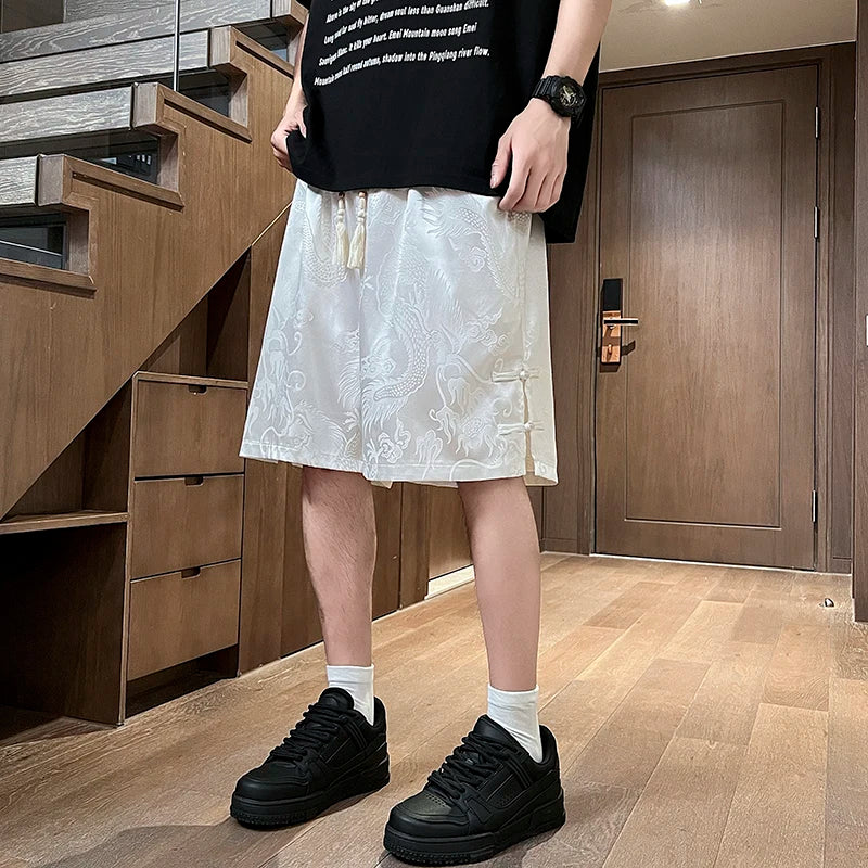 Men's Dragon Print Twill Shorts | Plus Size M–5XL