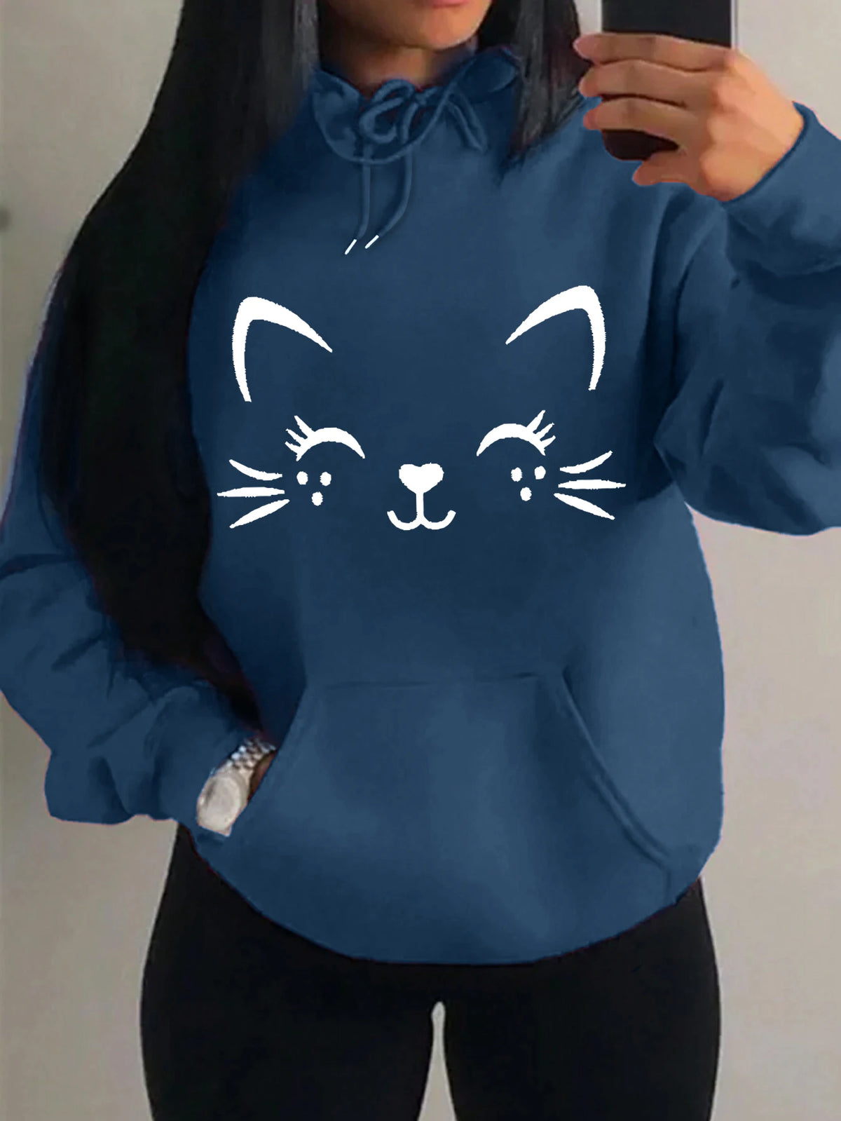 Women's Playful Cat Graphic Fleece Hoodie