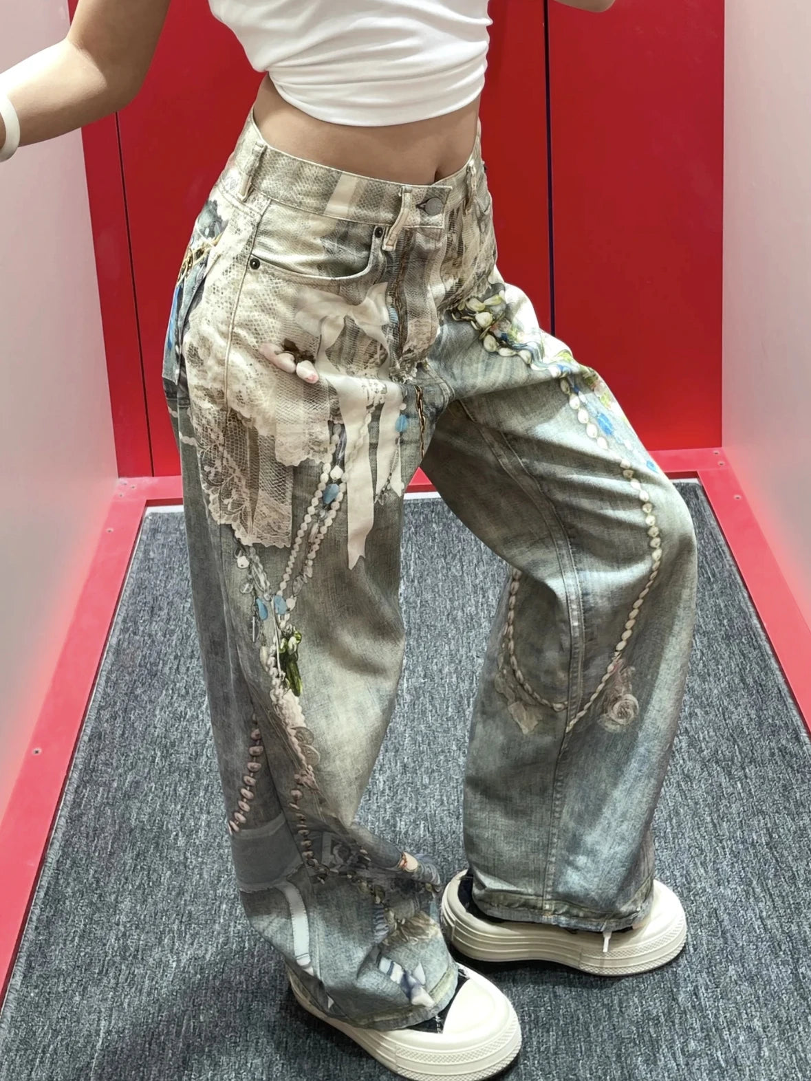 3D Pearl Chain Trompe L'Oeil Straight-Leg Jeans