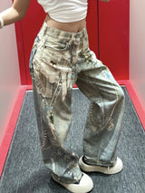 3D Pearl Chain Trompe L'Oeil Straight-Leg Jeans