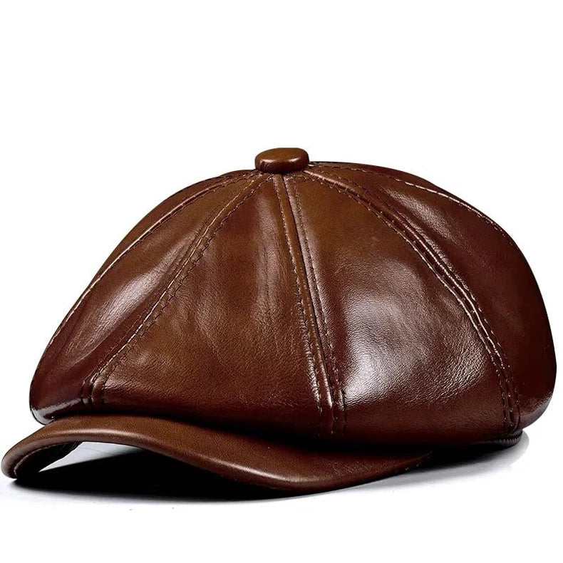 Genuine Leather Octagonal Beret Cap | Men's Cowhide Hat