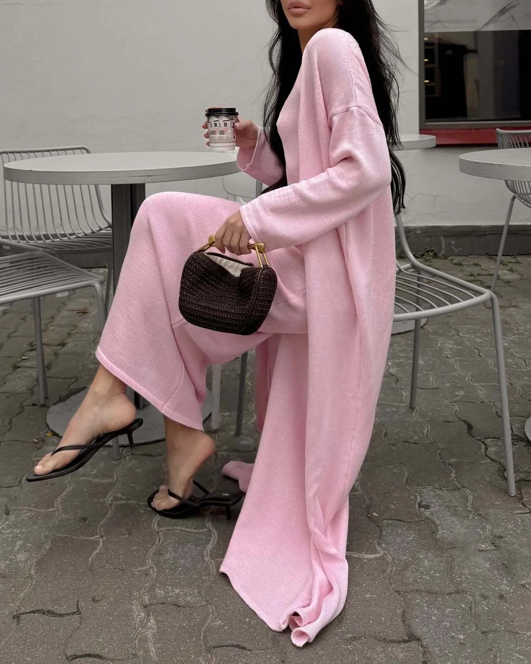 Hirsionsan Soft Loose Sets Women Two Pieces Long Sleeve Cardigan & Vest Dresses Elegant Female Hollow Outfits Cotton Tracksuit
