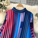 Miyake Pleated Drape Dress – Colorblock Print, 3/4 Sleeve
