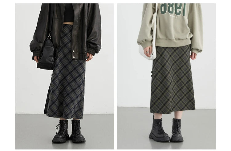 CHIC VEN Women Long Skirt Casual New Sweet Cool Style High Waist Slit Plaid Half Skirt Straight Tube Skirts Spring Autumn 2024
