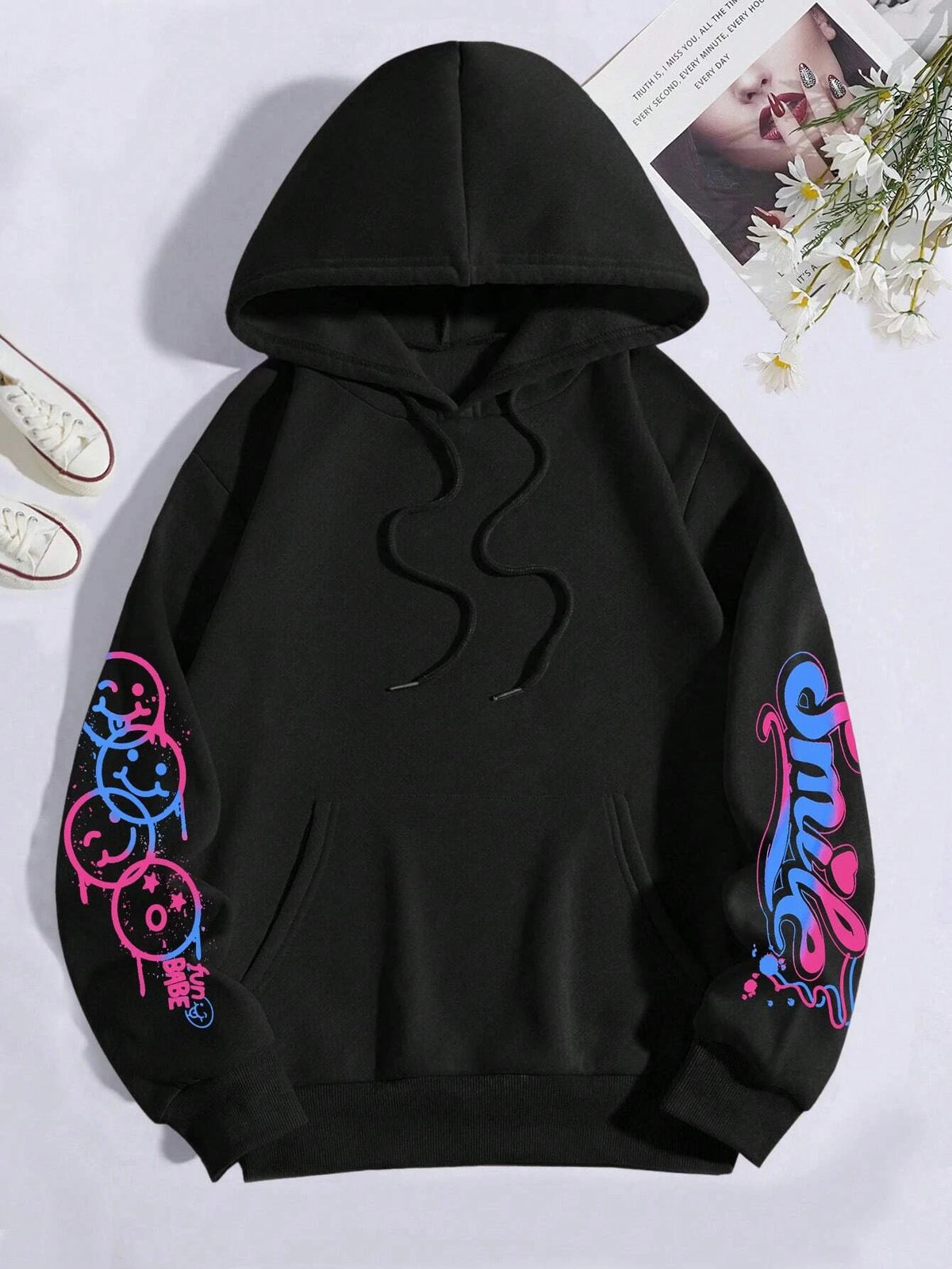 Happy Day Women's Oversized Graffiti Hoodie