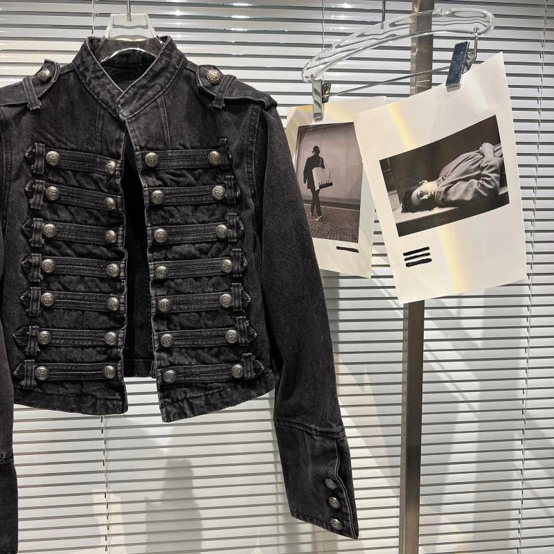 Punk Style Black Stand Up Collar Denim Jacket - Vintage Washed Motor Coat