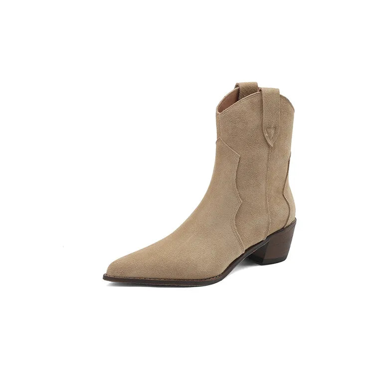 2026 Autumn Cow Suede Women Boots Pointed Toe Chunky Heel Boots for Women Fashion Short Boots Winter Boots Women Western Boots