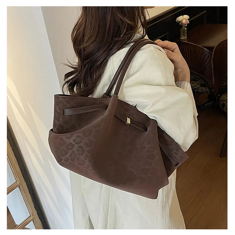 2025 Leopard Print Suede Women Tote Bag with Inner Pocket Underarm Bag Large Capacity Satchel Bag for Work Travel Purses Handbag