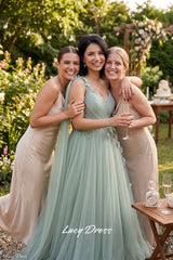 Lucy Light Green Tulle A-Line Evening Gown | Custom Made