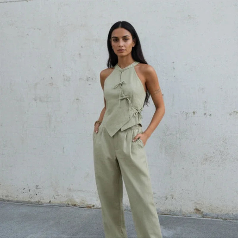 Women Green Bowknot Wide-leg Pant Suits Chic Solid Sleeveless Lace Up Slim Fit Long Pant Sets 2026 Lady Daily Street Outfits New