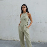Women Green Bowknot Wide-leg Pant Suits Chic Solid Sleeveless Lace Up Slim Fit Long Pant Sets 2026 Lady Daily Street Outfits New