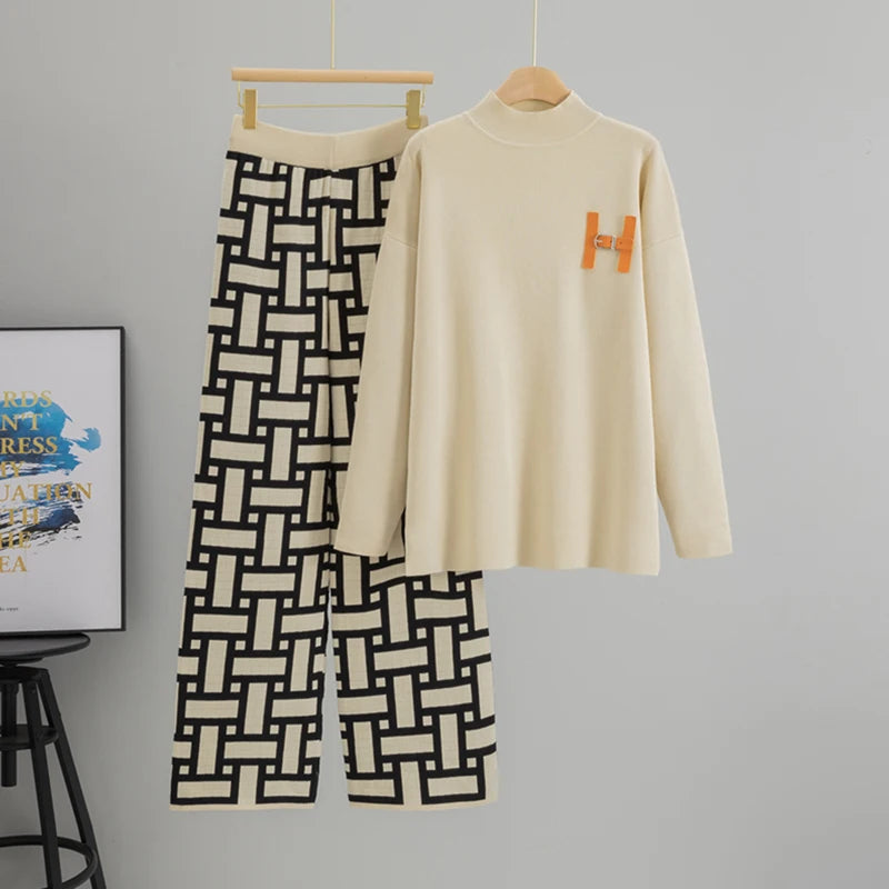 Women’s Autumn Color-Block Knit Set | Loose Split Top & Wide Leg Pants