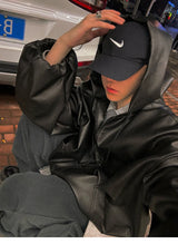Men’s Oversized Hooded Faux Leather Jacket