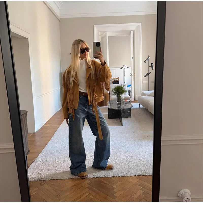 Brown Retro Suede Lapel Zippered Short Jackets Women's Casual Full Sleeves Pocket Loose Coats 2026 Spring Daily Commute Outwear