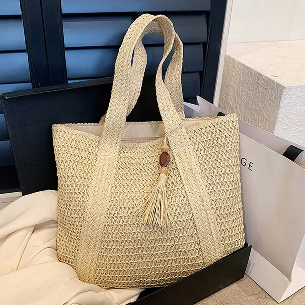Woven Handbags Ladies Summer Woven Totes Bag with Tassel Women Shoulder Bag Large Capacity Fashion Straw Female Shopper Bag