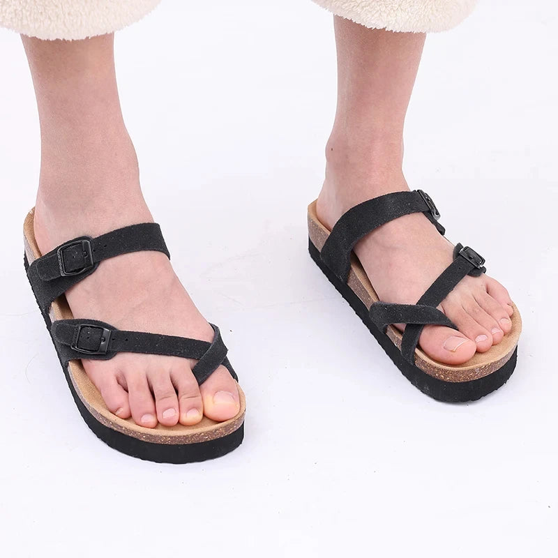 Evshine Leather Cork Footed Clogs Sandals For Women Fashion Flat Mules Slippers with Arch Support Men Double Buckle Cork Slides