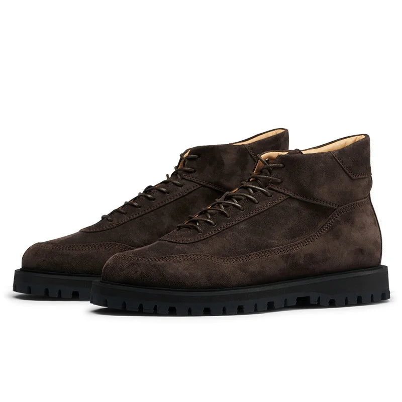 KOWM Hiking shoes men's walking boots British thick soled cowhide high top motorcycle boots ankle sneakers  casual trekking shoe