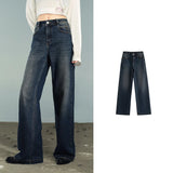 TOYOUTH Women Denim Jeans 2025 Autumn New Lycra Stretch Washed Wide Leg Straight Long Pants