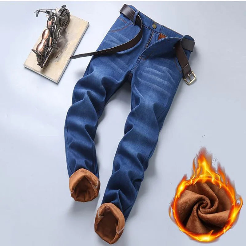 Men Winter Snow Warm Plush  Loose Minimalist Jeans Male Fleece Lined ThickenedStraight Denim Pants Slim Fit Elasticity Trousers