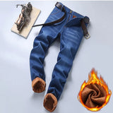 Men Winter Snow Warm Plush  Loose Minimalist Jeans Male Fleece Lined ThickenedStraight Denim Pants Slim Fit Elasticity Trousers