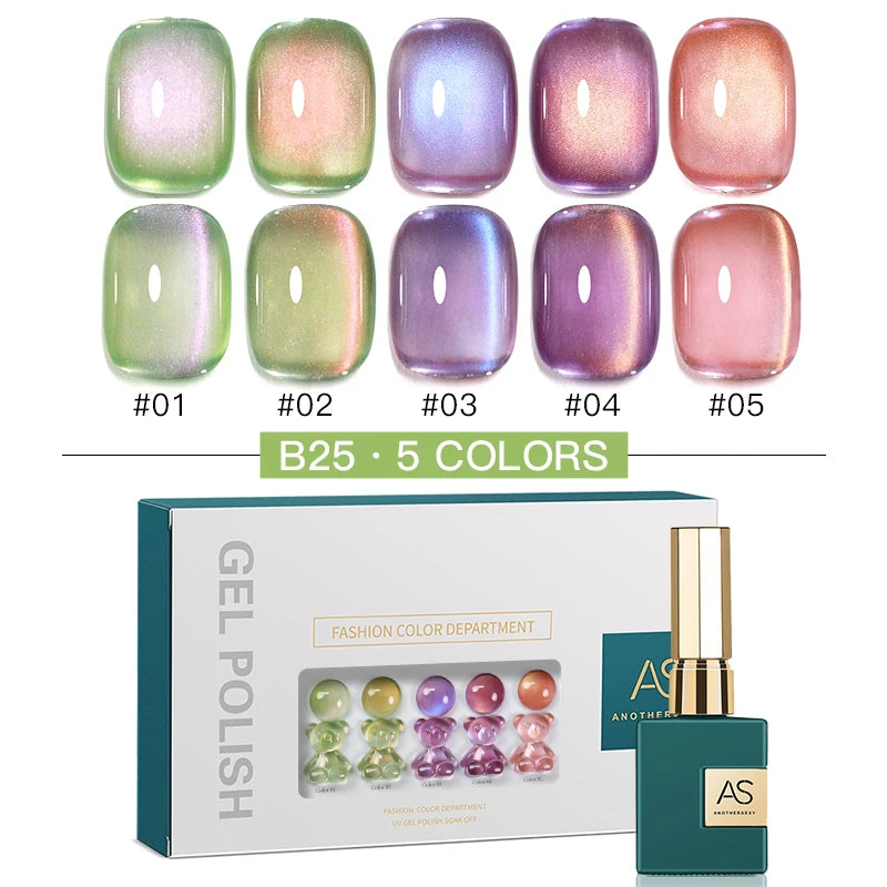 AS 15ml Glitter Cat Magnetic Nail Gel Polish Set 5 Colors Holographic Semi Permanent UV Gel Soak Off Sparkling Nail Art Varnish