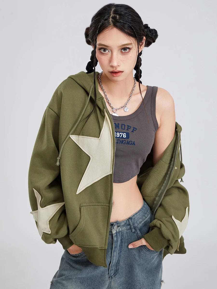 Women's Y2K Star Print Zip-Up Hoodie