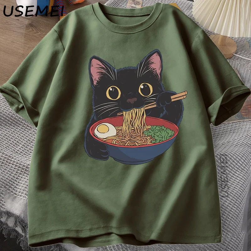 Ramen Cat Tshirt Japanese Style Cat Lover T-Shirt Kawaii Cartoon Cotton Short Sleeve T Shirts Mens Clothes Tee Shirt Tops