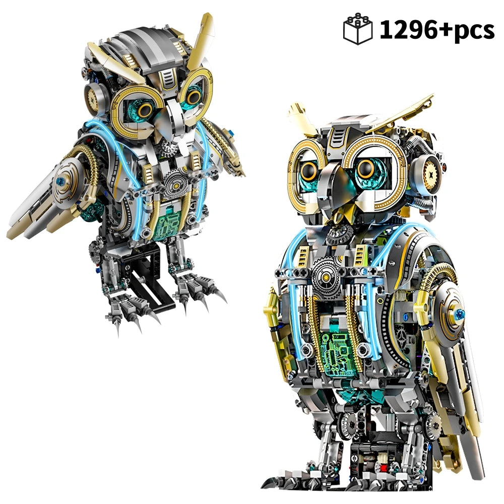 FUNXINEE 1296Pcs Motorized Owl Bricks Advanced Building Challenge Light Glowing Eyes Kinetic Motion MOC Display Collectible Gift