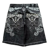 Men’s Y2K Gothic Embroidery Denim Shorts – Oversized Hip Hop Loose Fit