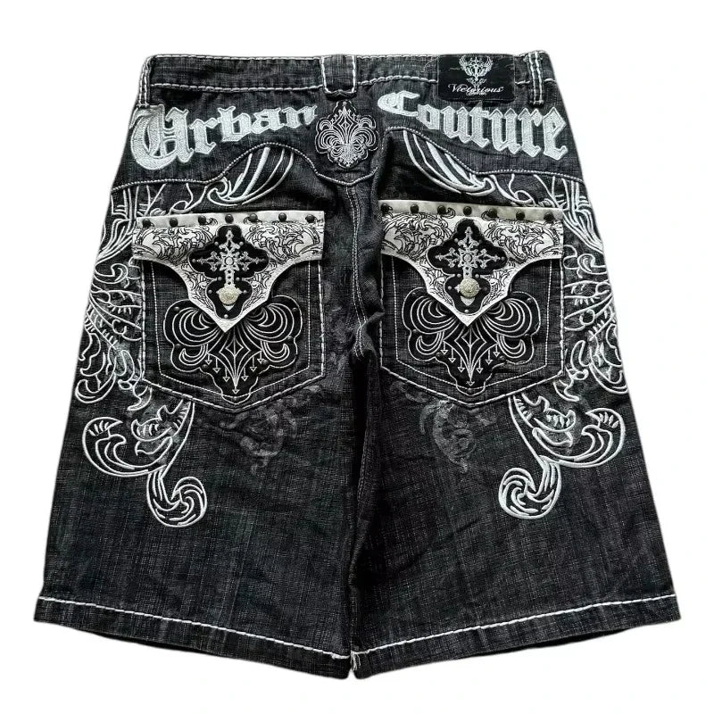 Men’s Y2K Gothic Embroidery Denim Shorts – Oversized Hip Hop Loose Fit