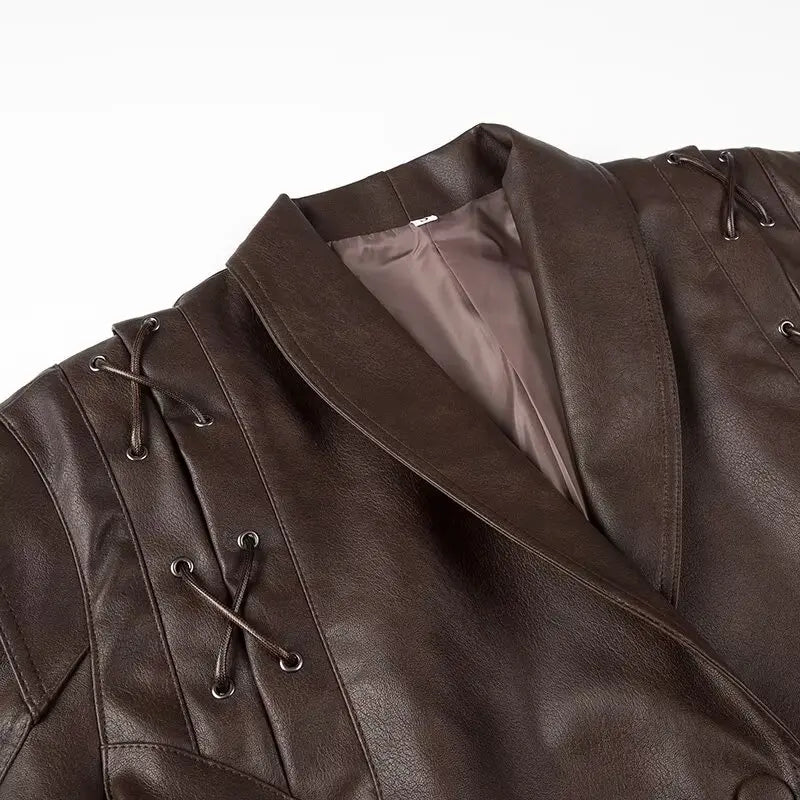 Mauroicardi Spring Autumn Short Retro Brown Pu Leather Jacket Women Sashes Lace Up Luxury Designer Emo Clothes European Fashion