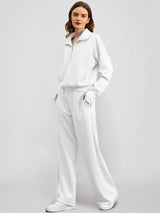 Woman Solid Color Half Zip Long Sleeve Sweatshirt and Wide Leg Pants Set Casual Sporty Two Piece Outfit