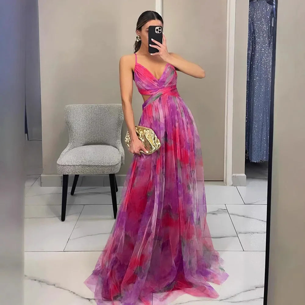 Off-Shoulder Lace Print Halter Maxi