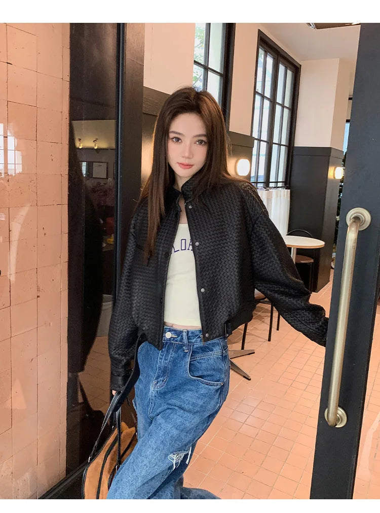 Natural Sheepskin Coat Women Autumn European and American Fashion Short Motorcycle Casual High Quality Hand-Woven Leather Jacket