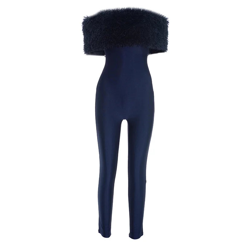 Elegant Off-Shoulder Fur Jumpsuit - Luxury Bodycon Party Wear
