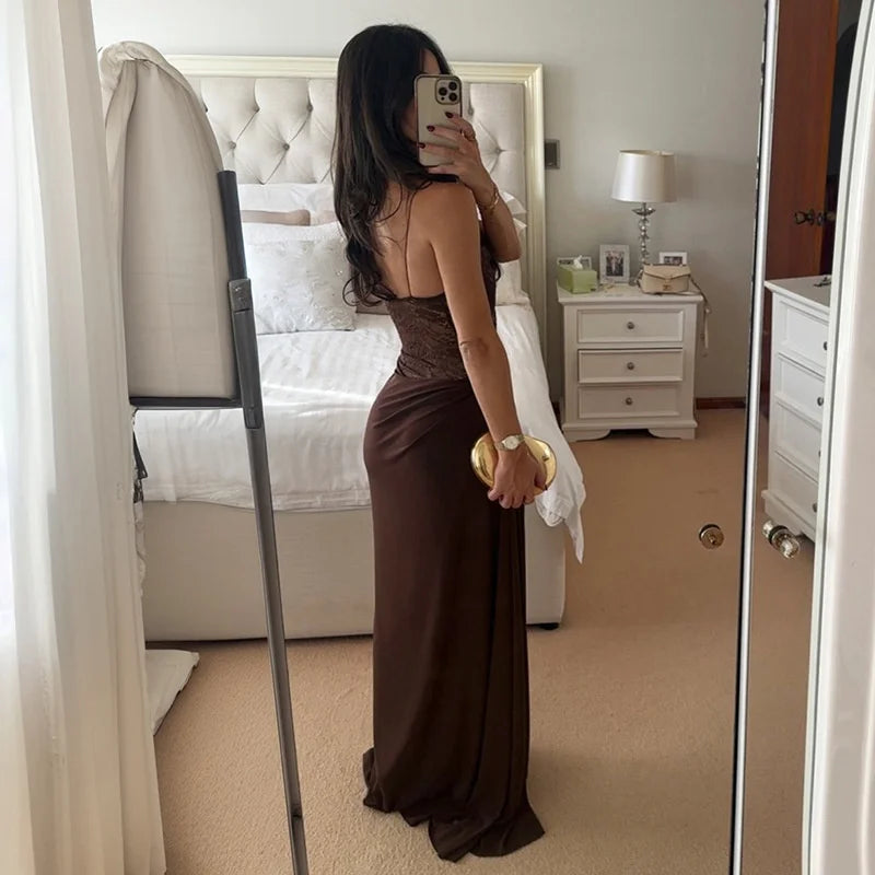 One-Shoulder Lace Gown – Sleeveless Backless Maxi Club Dress