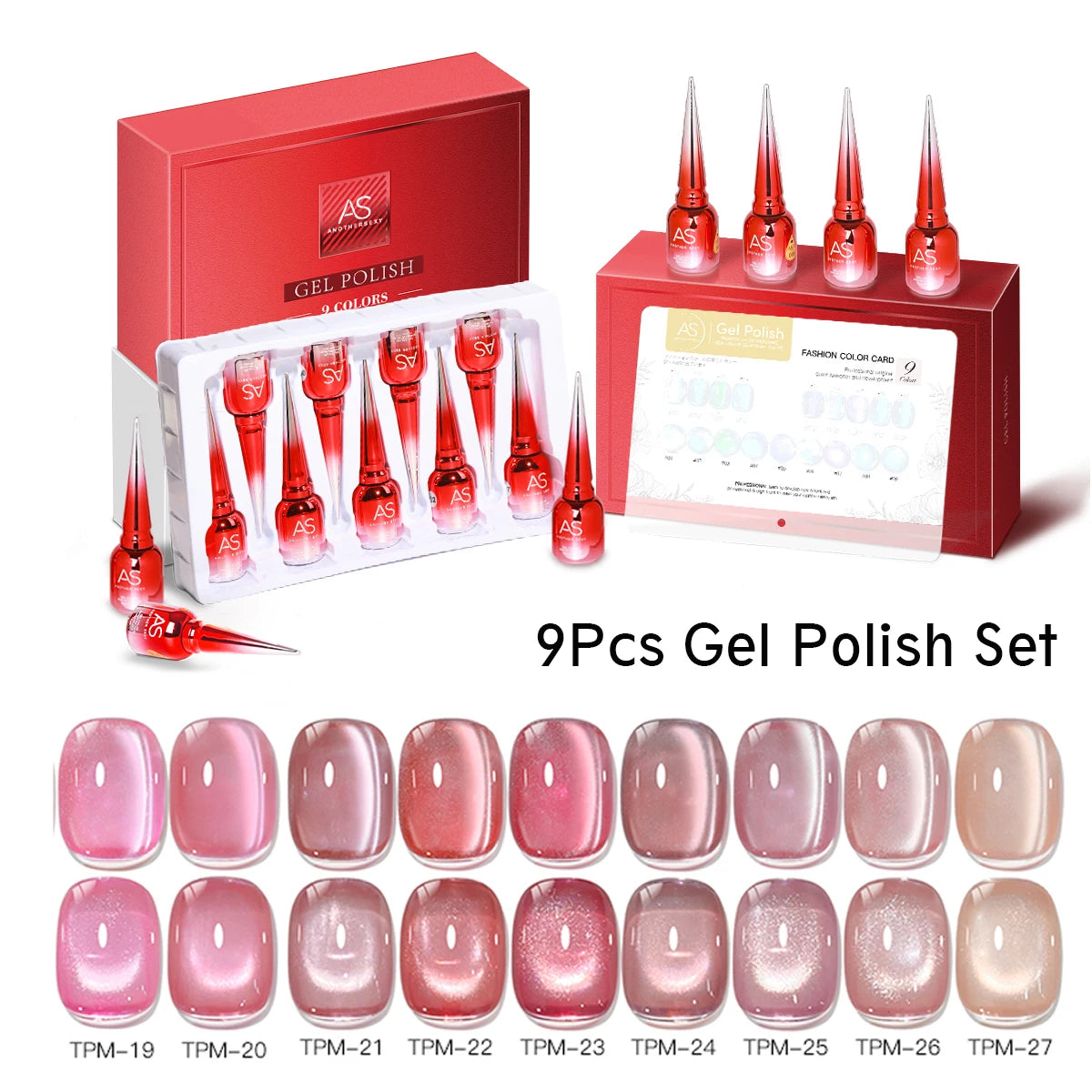 AS 9 Colors Magnetic Cat Eye Gel Nail Polish Set Jelly Pink UV LED Soak Off Gel Varnish Crystal Red Cat Gel Lacquer With Display
