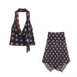 Polka Dot Printed Midi Skirts Two Piece Sets for Women 2026 Summer Chic Scarf Halter Top Suits Beach Woman 2 Piece Outfits