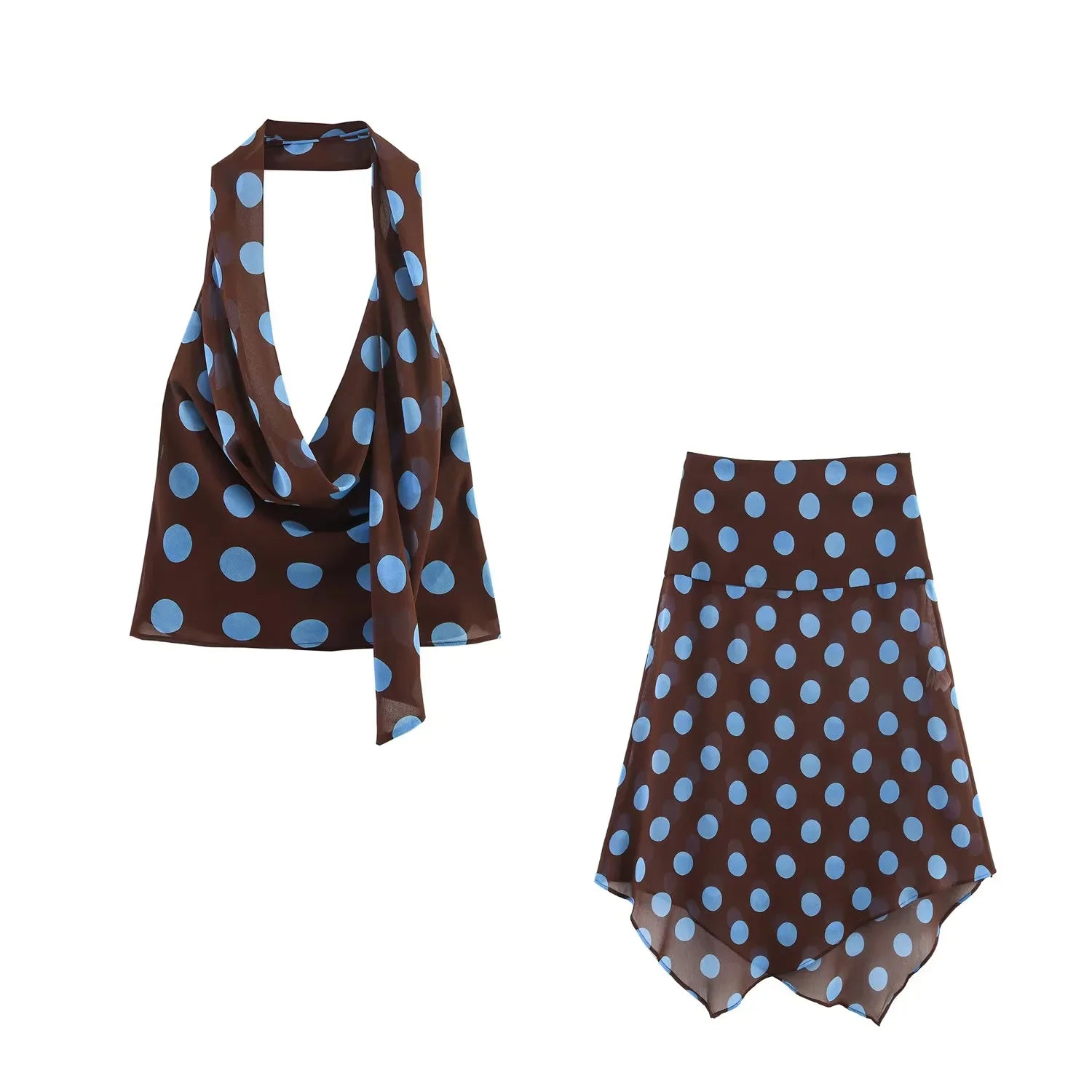 Polka Dot Printed Midi Skirts Two Piece Sets for Women 2026 Summer Chic Scarf Halter Top Suits Beach Woman 2 Piece Outfits