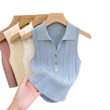 Summer Turn Down Collar Gold Button Slim Knitted Sweater Vests Elegant Knitwear Tank Tops BSTFSC-m1948