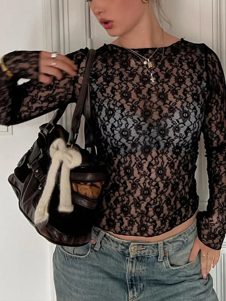 Elegant Sheer Lace Long Sleeve Crop Top