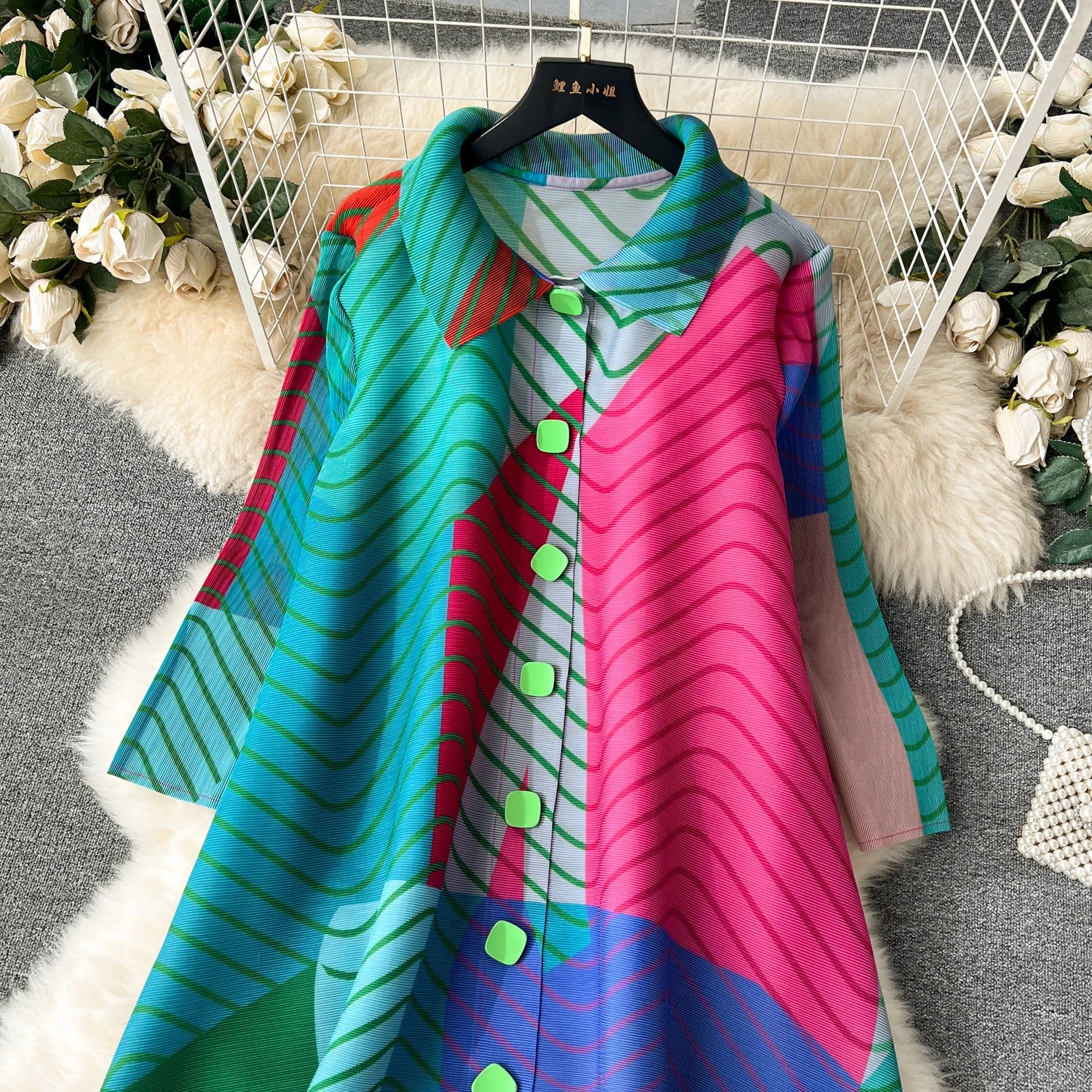 Miyake Pleated Drape Dress – Colorblock Print, 3/4 Sleeve