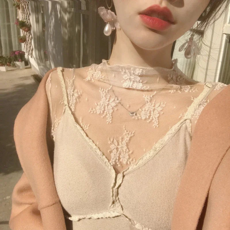 Women’s Floral Lace Mesh Mock Neck Long Sleeve Top