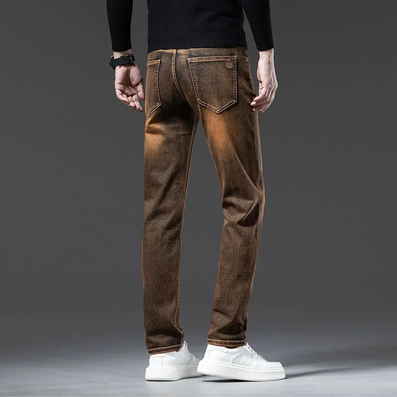 High Quality Brown Winter Jeans Men's Thickened Velvet Warm Elastic Straight Denim Pants Fashion Vintage Korean Plush Trousers