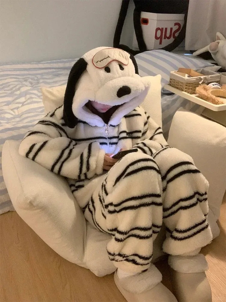Cute Girl Cartoon Puppy Hooded Coral Fleece Pajamas Set Women's Winter New Thickened Large Size Loungewear Pajamas for Women