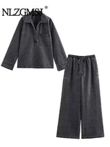 2024 Autumn Jeans Sets Women Turn-down Collar Casual Top Fashion High Waist Streetwear Female Denim Pant Two Piece Set