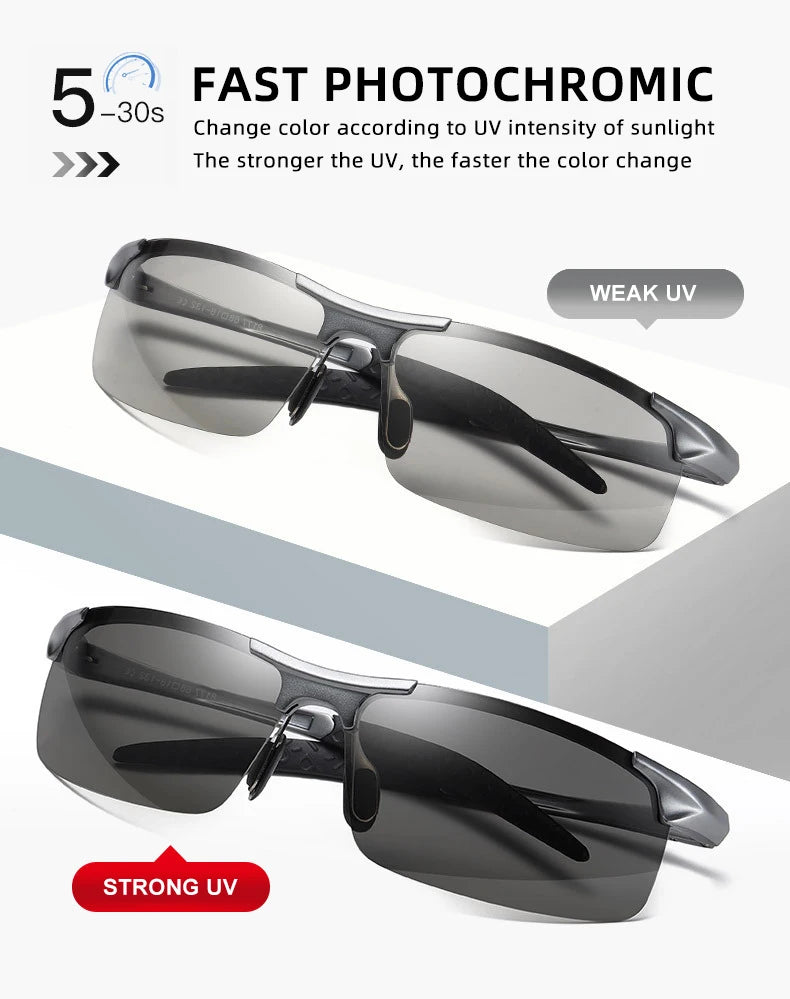 SZTZX Aluminium Rimless Outdoor Sport Photochromic Sunglasses Men Polarized  Anti-UV Driving Fishing Glasses Cycling Goggle